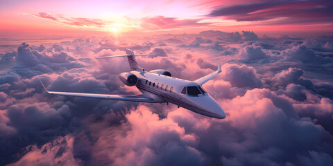 A luxury private jet airplane overflying cloudy skies at sunset
