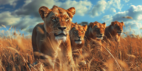 A image of a pride of lions roaming the savanna, showcasing their power and majesty