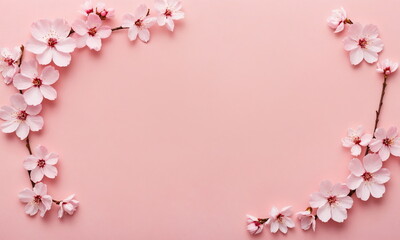 Fototapeta na wymiar A graceful arrangement of sakura blossoms forming a border on a soft pink backdrop.