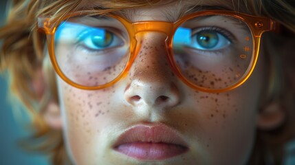 Close-up of a person's eyes with digital data overlay on eyeglasses.