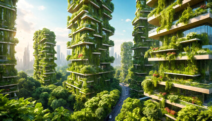 Twin towers adorned with greenery soar above the cityscape, exemplifying eco-friendly design amidst urban development - obrazy, fototapety, plakaty