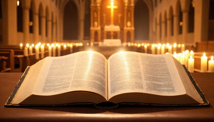 An open Bible is poised on the altar of a well-lit church, with sunlight casting a warm glow on its pages, highlighting its spiritual significance. - obrazy, fototapety, plakaty