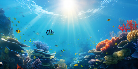 Fototapeta na wymiar Underwater coral reef and ocean for wallpaper Conservation Coral Bleaching with watery background 