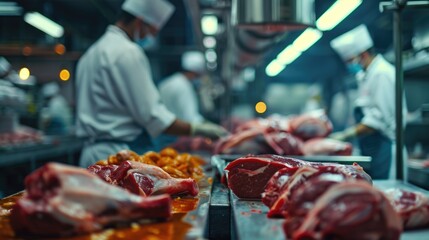 Butchers cutting meat in a commercial kitchen.