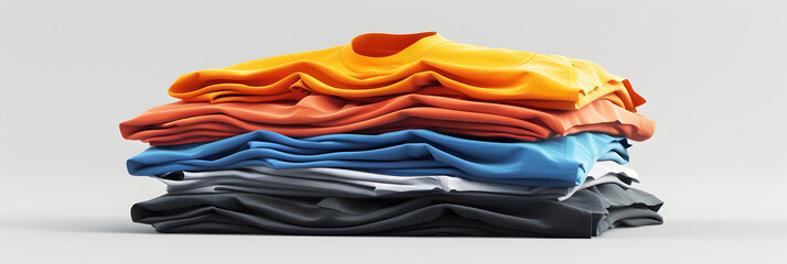   A pile of folded colorful clothes on white transparent background, stack of t-shirt on white background, a pile of rainbow color clothes against a white background.