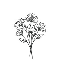 Hand drawn line art minimalist bouquet illustration. Abstract rough flower drawing. Floral and botanical clipart. Elegant branches in bouquets for florist branding and wedding stationery.