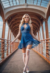 A poised woman wearing a flowing blue dress and white stocking stands confidently on a pedestrian bridge, contrasting against the dusky sky backdrop.
