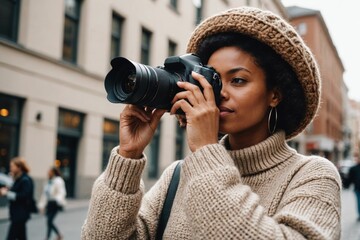 Low angle of African American female photographer in warm hat and stylish sweater taking picture of modern photo camera in city - Powered by Adobe