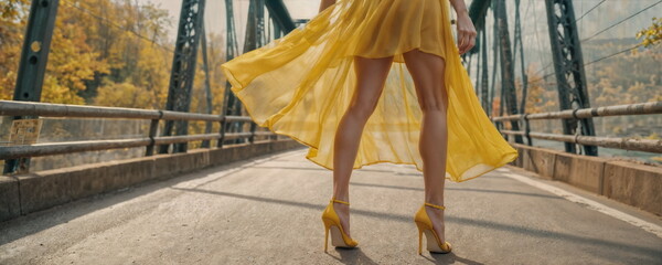 A poised woman wearing a flowing yellow dress stands confidently on a pedestrian bridge, contrasting against the dusky sky backdrop.