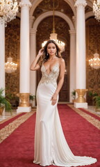 A girl stands in a large ballroom, her luxurious dress gracefully flowing around her. The beauty of the hall is highlighted by ornate chandeliers, luxurious draperies and intricate architectural