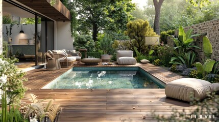 Luxurious poolside on a wooden deck with a scenic ocean view.
