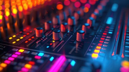 DJ mixer with colorful knobs and sliders. Night club music production equipment. - obrazy, fototapety, plakaty