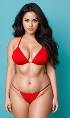 A woman shows off her figure in a bright red bikini. Her long dark hair flows over her shoulders as she looks at the viewer directly and confidently, embodying a positive body image and beauty.
