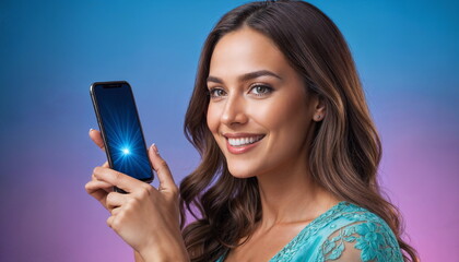 A cheerful young woman, holding a smartphone to her face, poses on a blue background. She's wearing a casual shirt and her dark hair is neatly styled.