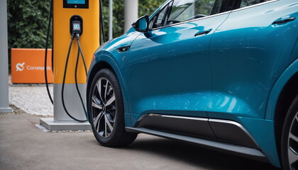 The electric car is parked and connected to a charging station. The vehicle is located in a specially designated parking space, which allows you to capture the process