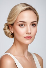 Portrait of a young woman with a serene expression. Her blonde hair is neatly styled, accentuating her clear skin, and subtle makeup accentuating her natural beauty.