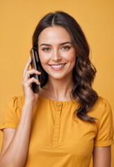 A cheerful young woman holding a smartphone close to her face is posing against a vibrant yellow background. She is wearing a casual yellow shirt, matching the backdrop