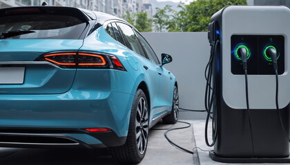 The electric car is parked and connected to a charging station. The vehicle is located in a specially designated parking space, which allows you to capture the process
