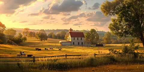 A image of a rural farmhouse bathed in the warm light of the setting sun, surrounded by fields and pastures with grazing livestock