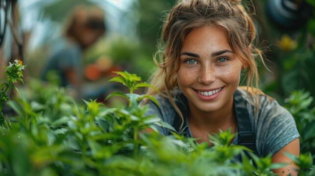 Female gardener planting vegetables in organic farm garden.