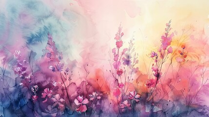 Abstract watercolor floral background with pink flowers. Digital painting on canvas