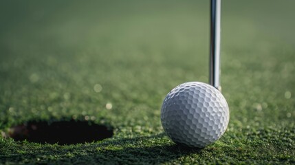 Golf ball on the grass next to the hole on the golf course. Golf club