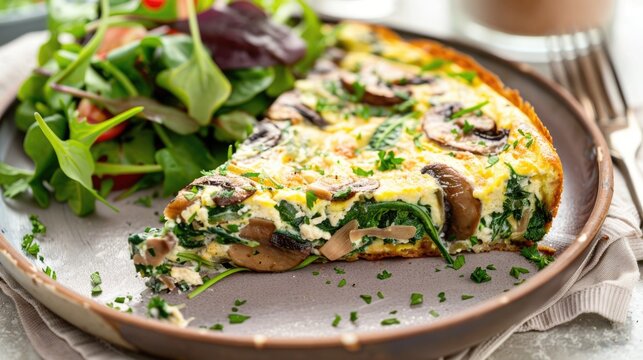 Sliced mushroom and spinach frittata on a plate with salad side.