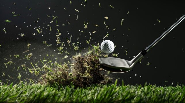 Golf club and golf ball on the grass on the golf course. 