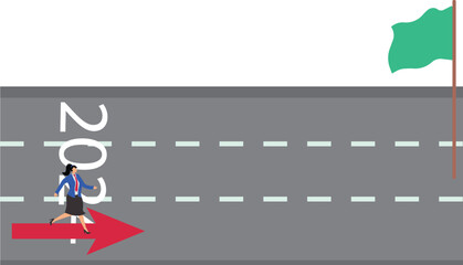 Preparing for a new career or a new business, entrepreneurial readiness, focusing on new plans, new visions and hopes, isometric businesswoman on the arrow of the number 2024 ready to take off