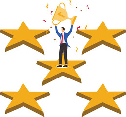 Best Employee, Best Candidate, Best Quality & Top Performance, Best Feedback & Ratings, Satisfaction & User Experience Feedback, Isometric Merchants Standing Inside Five Stars With Trophies