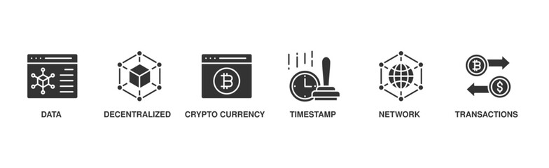 Blockchain banner web icon vector illustration concept with icon of data, decentralized, crypto currency, timestamp, network and transactions