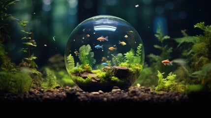 Spherical aquarium with tropical fish and green plants, unique home decor concept - obrazy, fototapety, plakaty