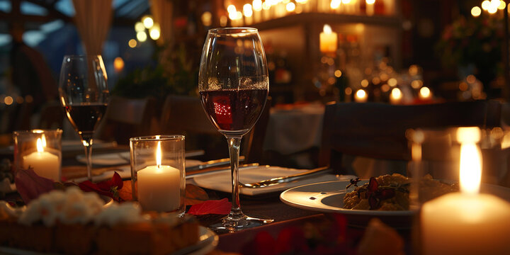 A image of a romantic dinner date at a candlelit restaurant with glasses, flickering candles, and a delicious meal being served