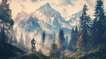 An awe-inspiring image of a lone cyclist on a mountain trail, with a cinematic mountain peak in the background - obrazy, fototapety, plakaty