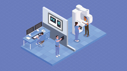 Medical 3d isometric x ray scanning vector illustration. Doctor checking examining chest x ray film of patient.