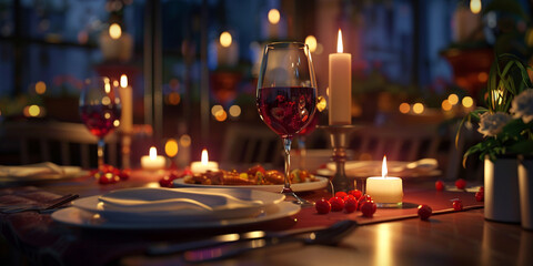 Fototapeta na wymiar A image of a romantic dinner date at a candlelit restaurant with glasses, flickering candles, and a delicious meal being served