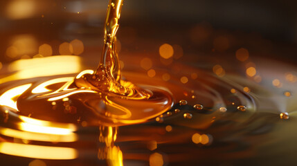 Golden oil flows from a bottle with a blurred background creating a bokeh effect. - obrazy, fototapety, plakaty