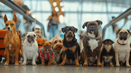 A diverse group of domestic dogs sitting patiently in an airport setting, waiting for their owners - obrazy, fototapety, plakaty