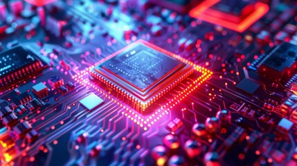 Fototapeta na wymiar Microchip Processor with Illuminated Circuits Close-Up
