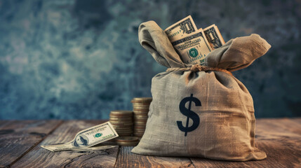 Burlap sack with a dollar sign stands upright beside a stack of dollar bills.