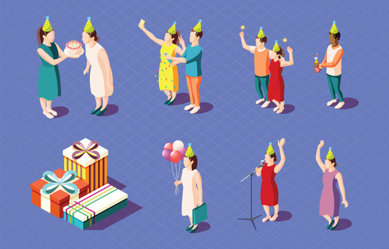 Birthday party icons isometric vector illustration. People isometric icons vector design