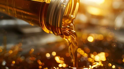 Fotobehang Golden oil flows from a bottle with a blurred background creating a bokeh effect. © VLA Studio