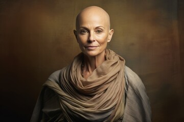 Fototapeta na wymiar A bald woman in her early 50s, emanating grace and wisdom. The photo captures her inner glow against a backdrop of earthy tones, symbolizing her grounded nature