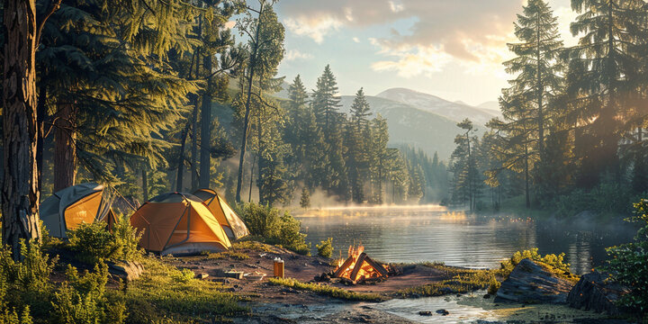 A image of a summer camping trip with tents pitched in a scenic wilderness setting, a campfire crackling, and people roasting marshmallows