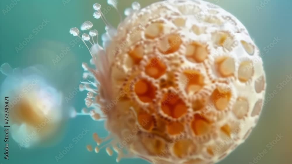 Aufkleber a magnified view of a tiny spherical pollen grain with distinct ridges and pores. . ai generation.
