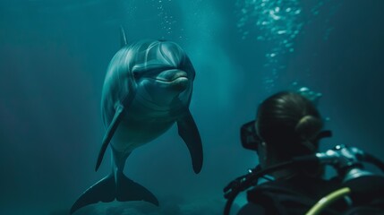 Fototapeta na wymiar Smiling Dolphin Greeting a Scuba Diver Underwater