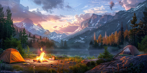 camp in the mountains, A image of a summer camping trip with tents pitched in a scenic wilderness setting, a campfire crackling, and people roasting marshmallows