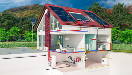 Energieversorgung mit Wärempumpe und Solaranlage bei einem Niedrigenergiehaus - 773745480