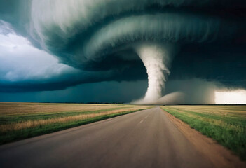A large, scary black tornado moves slowly across the countryside. - obrazy, fototapety, plakaty