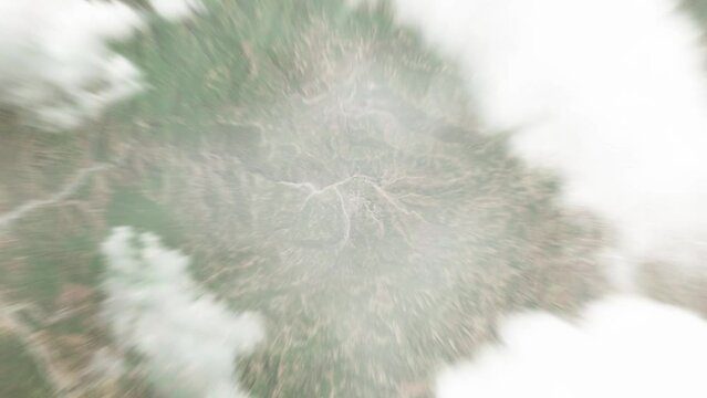 Earth zoom in from space to Gleno, Timor-Leste. Followed by zoom out through clouds and atmosphere into space. Satellite view. Travel intro. Images from NASA